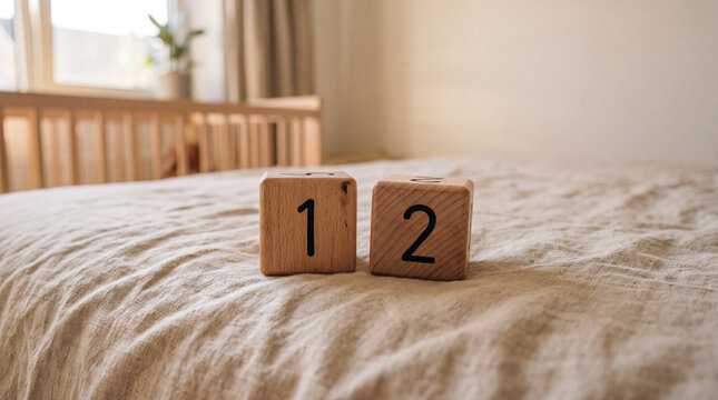 Two wooden blocks with numbers placed on a soft fabric bed inside a bright room