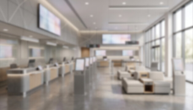 Modern telecom customer service center with service counters, self-service kiosks, digital screens and seating, heavily blurred into a clean commercial background for marketing and websites.