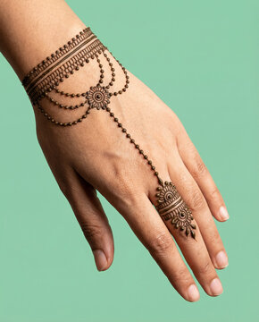 Back of hand showcasing a jewelry-inspired haathphool henna design against a solid mint green background