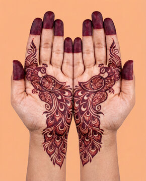Both palms raised together showing a symmetrical peacock henna art design against a warm peach background