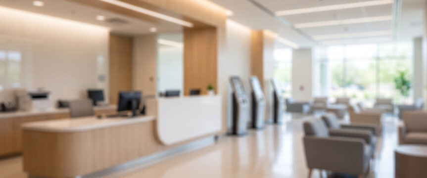Warm healthcare customer service center with reception desks, check-in kiosks, comfortable seating and clear circulation, fully blurred into a calm background for communications.