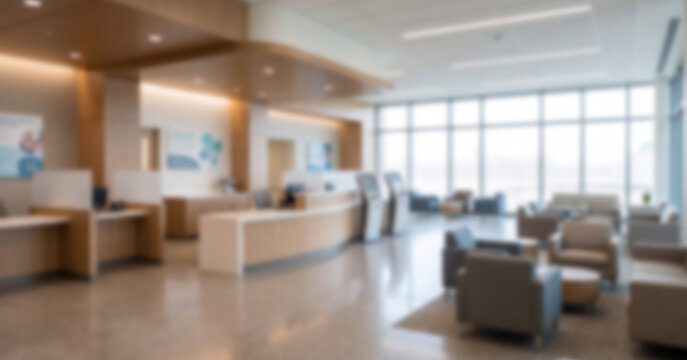 Warm healthcare customer service center with reception desks, check-in kiosks, comfortable seating and clear circulation, fully blurred into a calm background for communications.