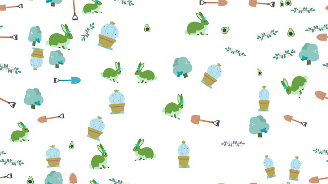 Cute garden pattern with rabbits, cacti, and tools