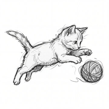 Playful kitten jumping towards a ball of yarn pencil sketch