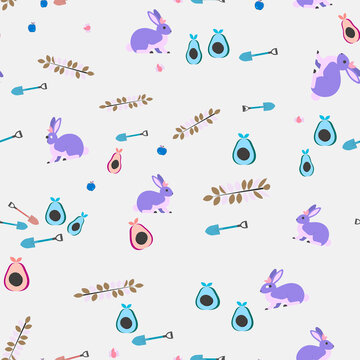 Cute seamless pattern with rabbits and garden elements