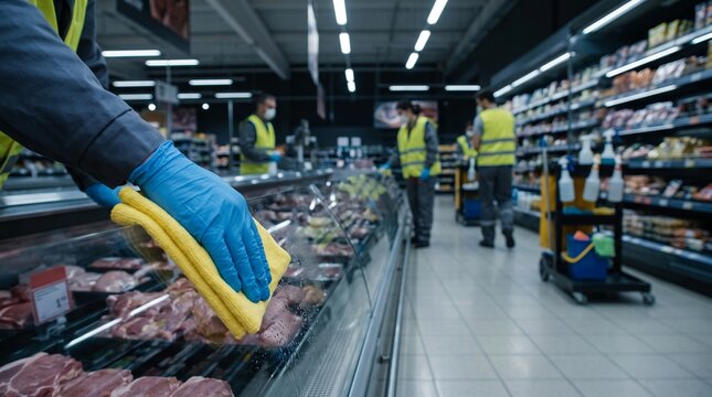 Supermarket worker in gloves cleans meat display case with yellow cloth during sanitization efforts
