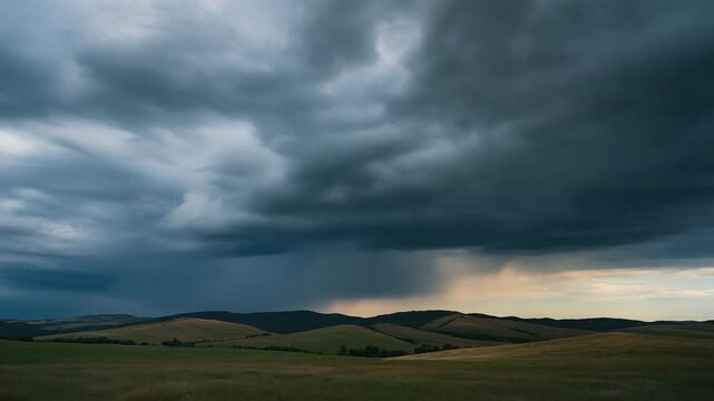 Dramatic storm clouds rolling over rolling hills