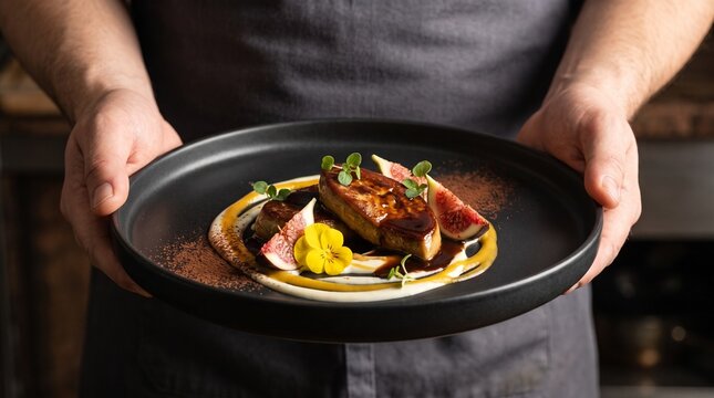 Chef presenting gourmet dish of pan seared foie gras with figs on elegant black plate