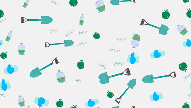 Seamless pattern of gardening tools and plants