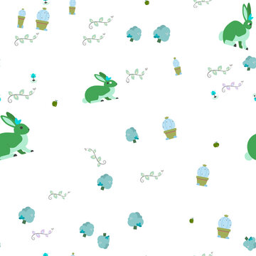 Seamless pattern with green rabbits and potted cacti