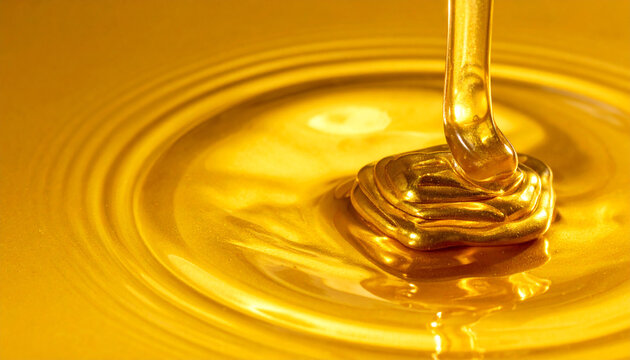Golden Liquid Flow: A close-up view of thick, golden liquid, possibly honey or syrup, being poured, creating beautiful ripples and waves on its surface.