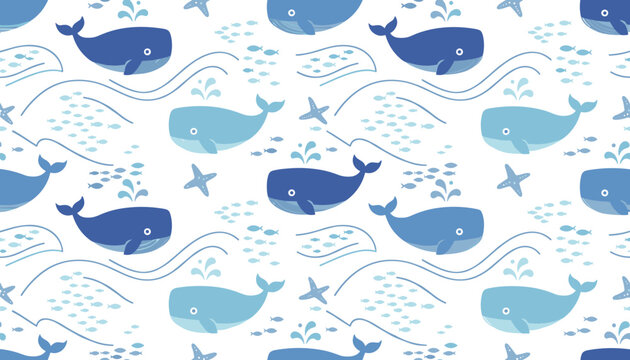 Seamless vector pattern of cute blue whales swimming alongside schools of tiny fish on a white background.