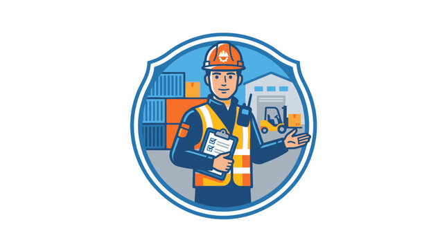 Warehouse worker in safety vest holding clipboard illustration. EPS Editable