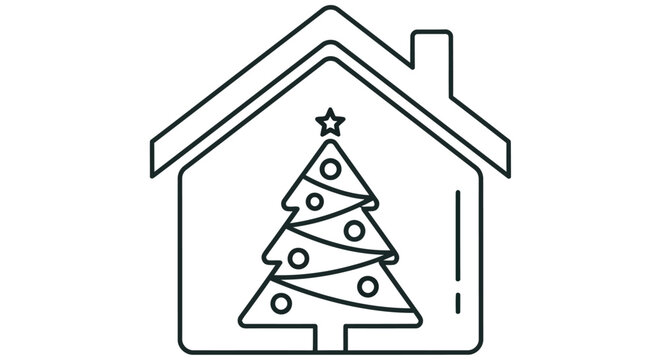 House with christmas tree line icon on a white background
