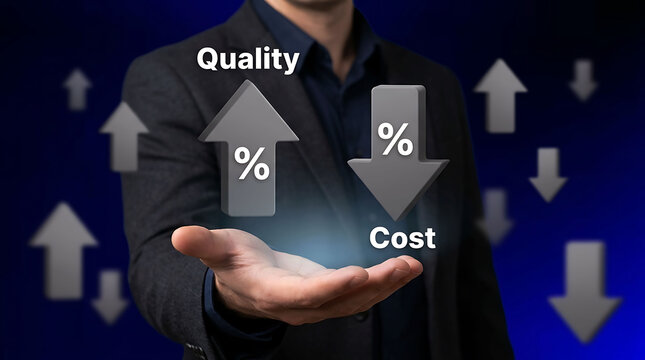 Businessman holding virtual arrows representing quality increase and cost decrease