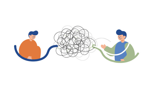 Concept of conflict resolution and teamwork shown with two people untangling a complex scribble ball of messy lines.