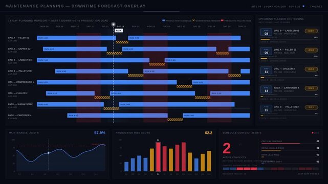 A detailed maintenance planning dashboard showcasing downtime forecasting juxtaposed with a production schedule using Gantt charts and various performance indicators.