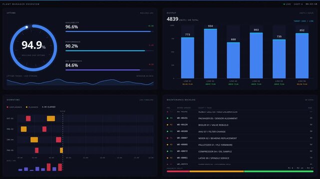 A sleek and modern plant manager dashboard displaying uptime, output, downtime, and maintenance backlog with vibrant visuals and smooth animations for effective data analysis.