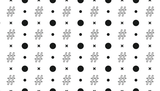 High contrast monochrome pattern filled with repeating hashtags, solid circles, and tiny cross elements in a grid.