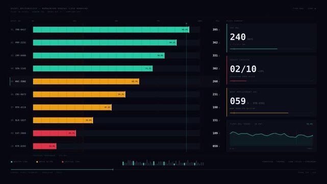 A visually dynamic reliability dashboard showcasing remaining useful life rankings with animated bar charts and summary stats on a deep space background.
