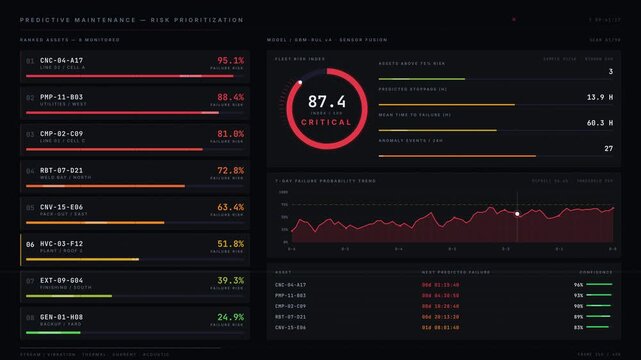 This predictive maintenance dashboard features a dark-mode layout that prioritizes failure risk with a dynamic asset list and interactive visualizations for risk assessment.