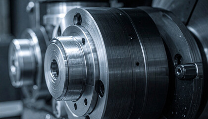 Fototapeta premium Precision Machining: A close-up shot reveals the intricate details of machined metal parts, highlighting the precision and complexity of industrial manufacturing processes.