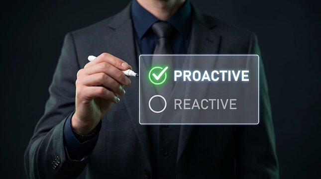 Businessman selecting proactive over reactive approach on digital display screen