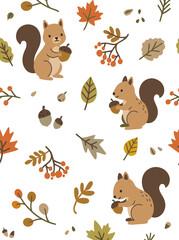 Fototapeta premium Cute Autumn Squirrel Seamless Pattern with Leaves and Acorns