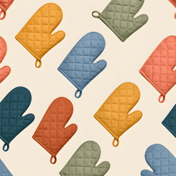 Quilted oven mitts pattern on light background for kitchen heat protection, baking glove, and cooking gear.