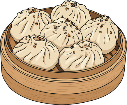 Six steamed soup dumplings topped with sesame seeds in a round bamboo steamer basket