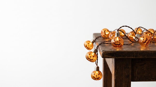 Illuminated pumpkin string lights on a rustic wooden table during Halloween season