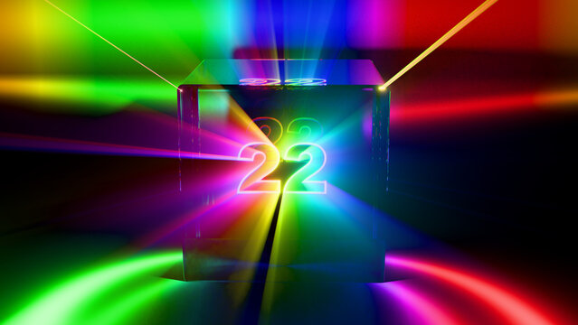 Glowing Number 22 in Glass Cube with Rainbow Light Rays
