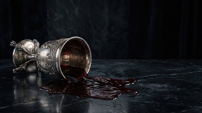 Ornate silver chalice spilling deep red liquid on a dark marble surface with dramatic lighting