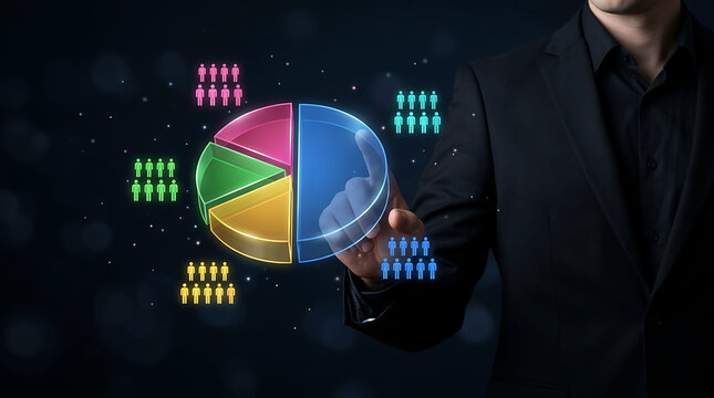 Businessman interacting with a glowing digital pie chart analytics interface