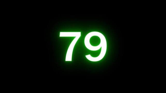 Glowing red neon number 79 text animation with bright glowing light effect on a black background, motion graphics loop