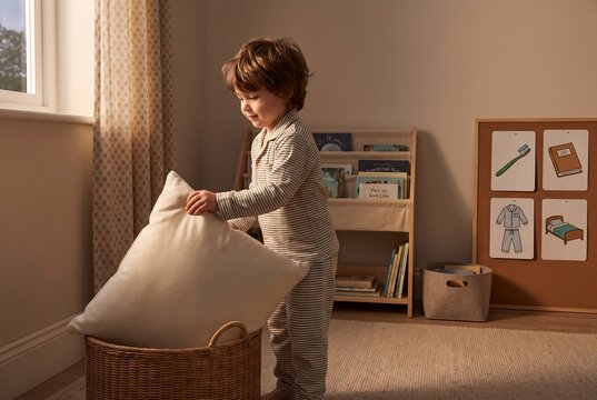 Child Organizing Bedding And Bedroom Items Independently