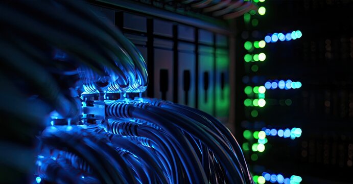 Network cables and blinking lights in a dark server room