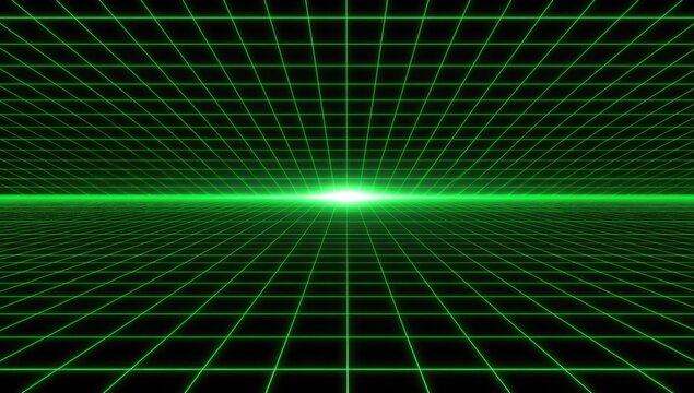Green digital grid receding into a bright light on black background