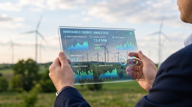 Engineer holding transparent digital tablet displaying renewable energy analytics dashboard with wind turbines in background field, sustainable green power technology concept