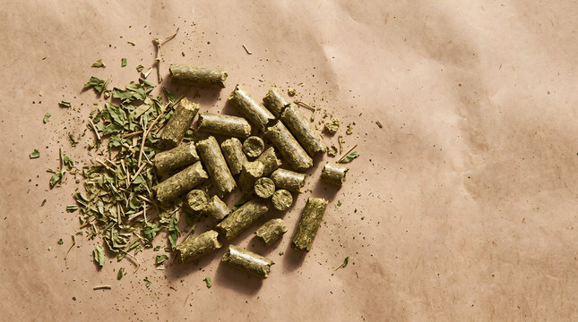 Alfalfa pellet animal feed with dried herbal forage on brown wrapping paper top down view