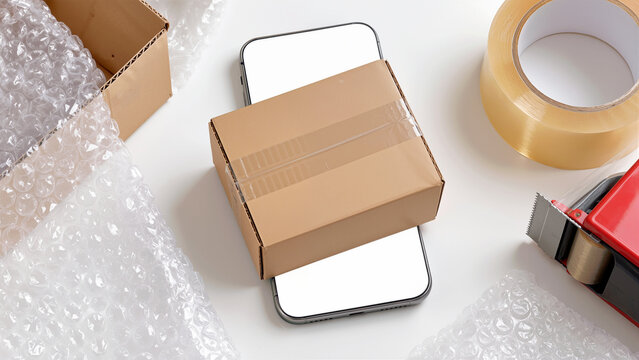 Online Shopping and Fast Delivery Concept with Cardboard Parcel Box on Smartphone Blank Screen Mockup, Bubble Wrap, and Packaging Tape