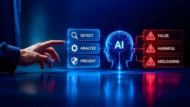 Human hand touching digital AI interface for deepfake detection and misleading content moderation concept