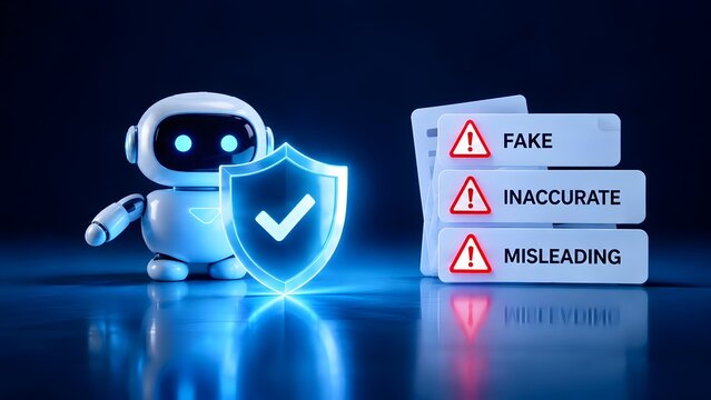 Artificial intelligence robot with security shield filtering fake inaccurate and misleading content for deepfake detection concept