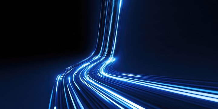 Bright blue light trails curve across a dark background