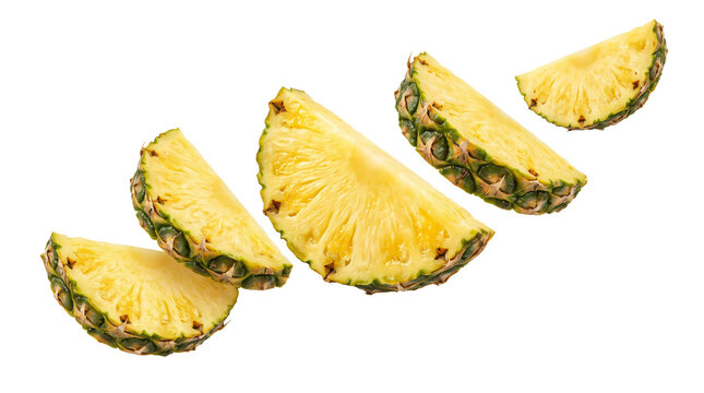 Fresh pineapple slices flying diagonally as raw healthy tropical fruit pieces on transparent background