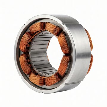 A close-up view of a mechanical component with copper wiring inside a metal casing, showcasing intricate engineering. 
