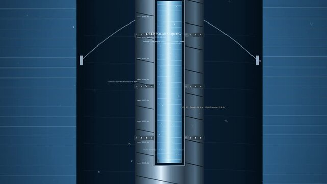 Scientific infographic animation detailing paleoclimatology through deep polar ice coring showing pristine core splitting relict atmospheric bubble extraction and isotope ratio mass spectrometry