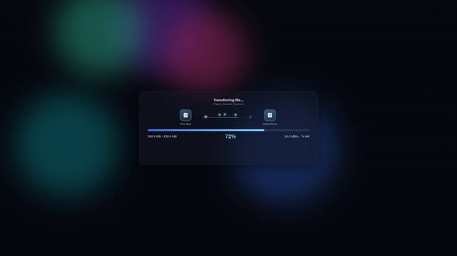 File Transfer Progress Bar UI Interface Displaying Cloud Storage Upload Status and Speed. Modern Dark Mode Data Syncing, File Backup, and Upload Percentage Concept.