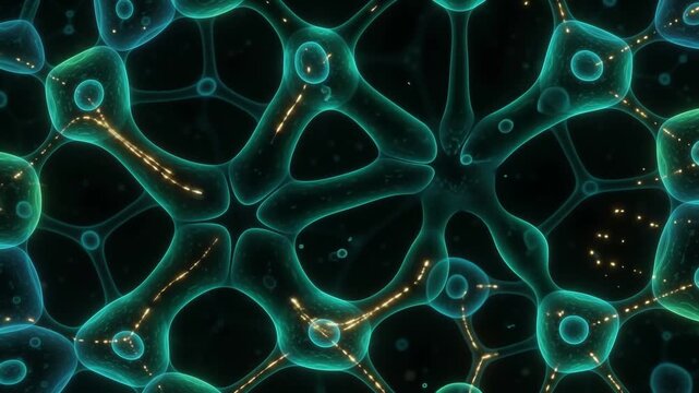 Connected neural network structure with glowing golden energy pulses representing deep learning and communication an intricate visualization of a or web of interconnected biological nodes