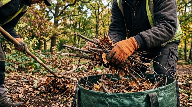 Two gardeners in work clothes and safety vests clearing fallen branches and leaves in an autumn forest